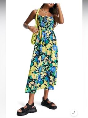 Topshop Floral Smocked Dress with Yellow & Blue Floral Print Black Background